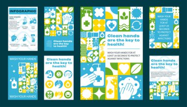 Hygiene and Clean Hands Template Set. Posters, Banners, Infographics, and Flyers with Medical Abstract Patterns and Icons in a vector illustration clipart