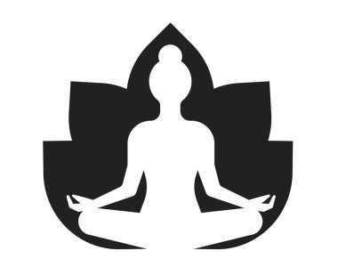 Soyut Geometrik Yoga Logosu. Lotus 'ta İnce Kadın Silueti Yapraklar veya Çiçeklerle Poz Verin, Minimalist Siyah ve Beyaz Simge