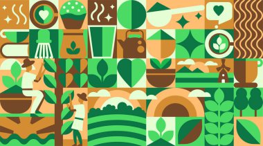 Matcha ve Yeşil Çay Şablonu minimalist simgeler, semboller ve formlarla. Soyut Vektör İllüstrasyonunda Bir Geometrik Bauhaus Sahadan Kupaya Yolculuğu