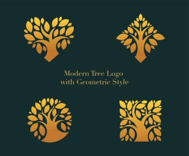 Modern Tree Logo Collection. Stylized Designs Within Shapes like Square, Diamond, Circle, and Heart. Icons in geometric style clipart