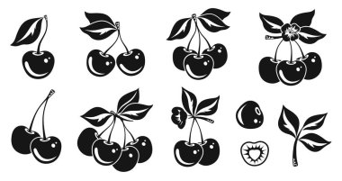Minimalist Kiraz Silüetleri. Yaprakları, çiçekleri, dalları olan siyah ve beyaz meyve ikonları. Paketleme, Etiketler, Etiketler vs. için tırman
