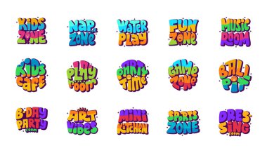 El Çizimi Çocuk Bölgesi Çıkartmaları. Mektup Odası İsimleri, Rozetler ve Yamalar, ve Logo ayrı bir arkaplanda