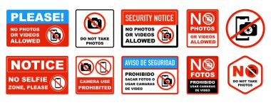 Fotoğraf yok, Video yok, Telefon yok, Düzenlenebilir İki Dilli İşaretler İngilizce ve İspanyolca. İzole edilmiş arkaplanda simgeleri olan vektör seti