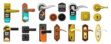 Otel kapı kolu ve tokmak vektörü seti. Oda Giriş ve Gizlilik İşaretleri İçin Düzenlenebilir Simgeler Rahatsız Etmeyin..