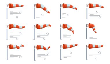Windsock Vektör Simgeleri. Renkli Rüzgâr Hızı Ölçüm ve Yönlendirme Sembolleri