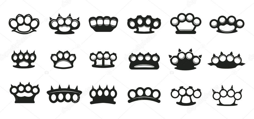 Brass Knuckles Icon Set. Fighting Weapon Silhouettes, Logos, and Monochrome Vector Symbols