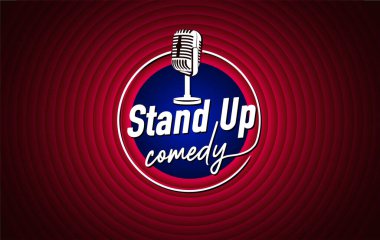 Kırmızı perdeli klasik mikrofon. Stand Up Komedi Sancağı ve yuvarlak şekilli Logo