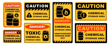 Dikkat Kimyasal Depolama Alanı İşaretleri Çizimi. Metin ve Tehlike Simgeleriyle Düzenlenebilir İmza Panoları