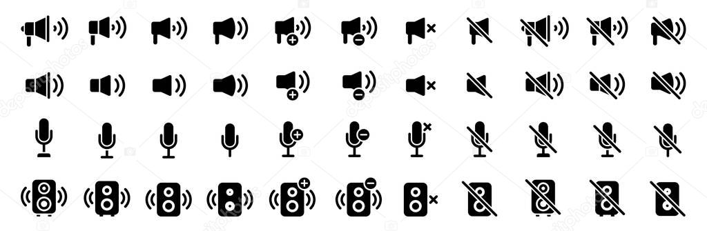 Sound Speaker Icon Pack. Black Silhouettes of Audio Equipment and Devices in a vector