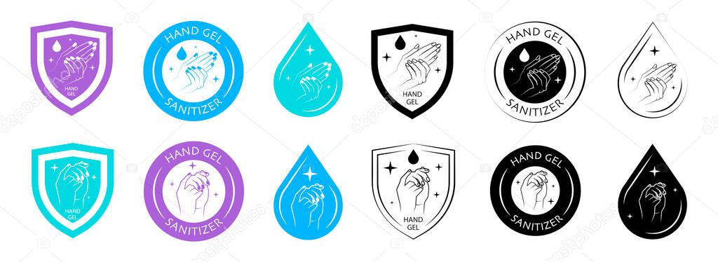 Hand Gel Sanitizer Badge and Icon Set. Shield, Hand, and Drop Logos in Line and Silhouette Style