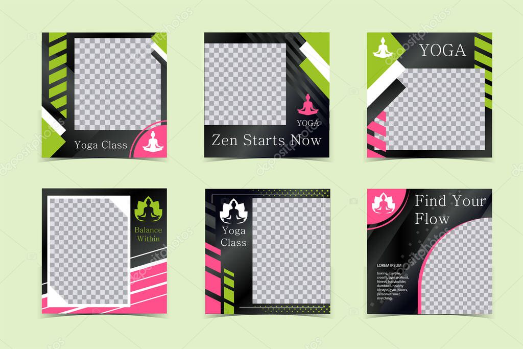 Yoga Social Media Templates. Square Photo Frames for Yoga Classes, Trainers, Wellness Branding
