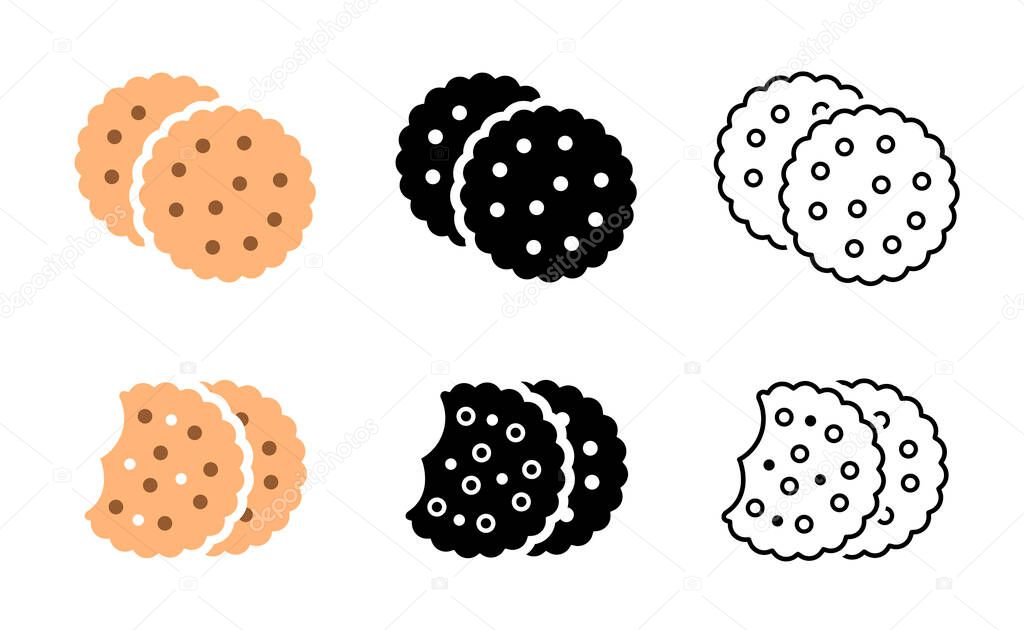 Cookie Icon and Element Set. Biscuit, Cracker, Snack Symbols in Flat Design, Line, and Silhouette Style
