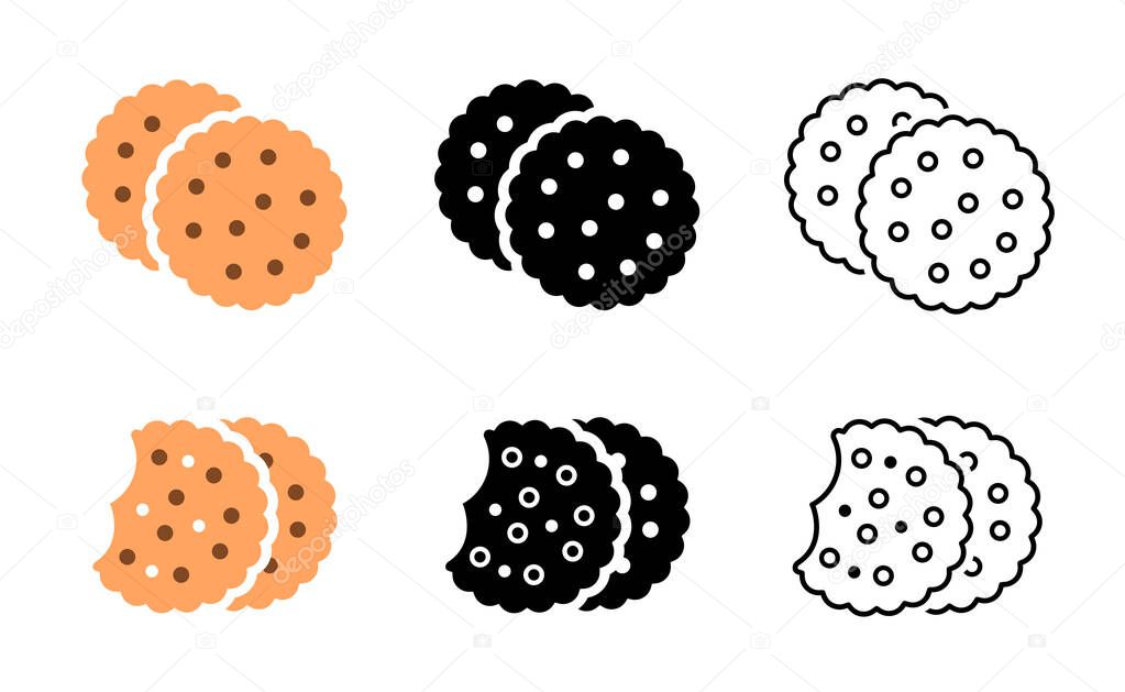 Cookie Icon and Element Set. Biscuit, Cracker, Snack Symbols in Flat Design, Line, and Silhouette Style