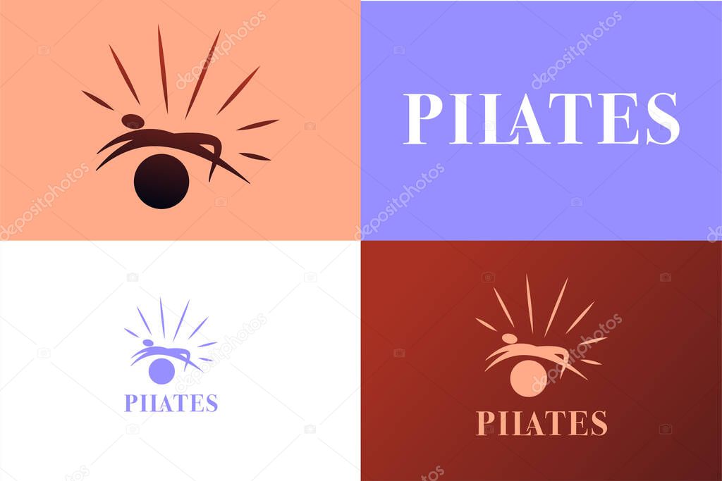 Pilates Logo Design. Woman on Exercise Ball with Sun Rays and Unique Text for Studio Branding