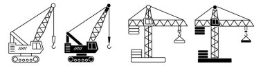 İnşaat Crane Simgesi Seti. Basit Siluet ve Özet Biçimi