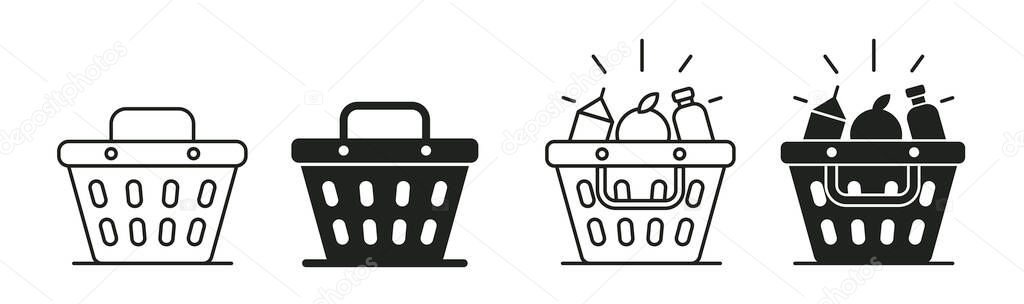 Shopping Cart Icon Set. Grocery Basket Line Art and Silhouette Collection for supermarket design.