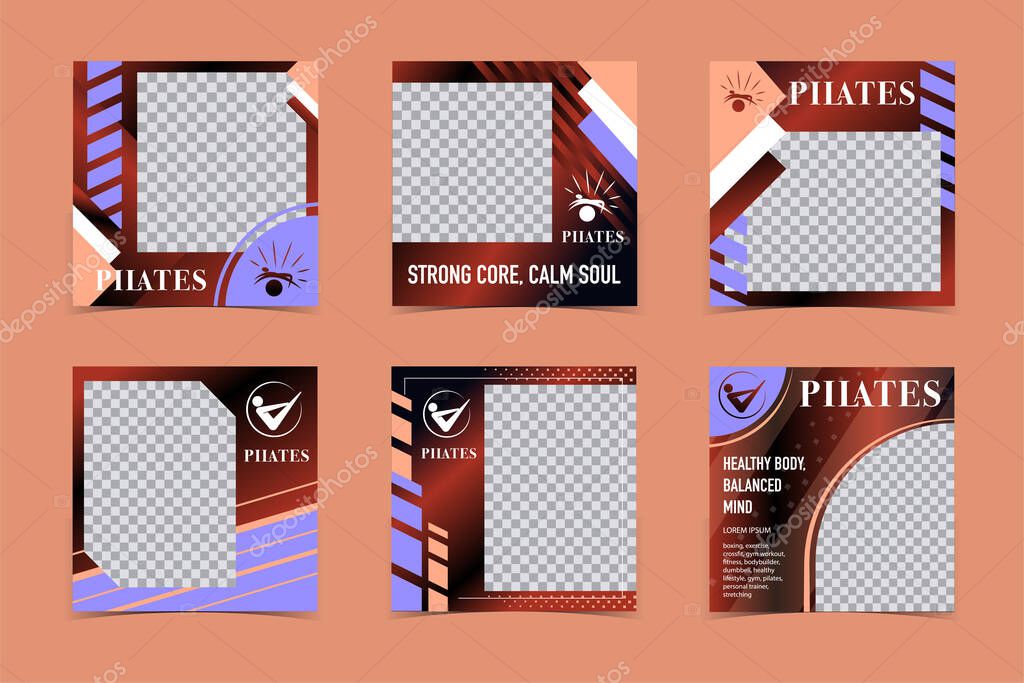 Pilates Photo Frame Templates. Square Layouts with Logo and Text for Fitness Branding and Social Media