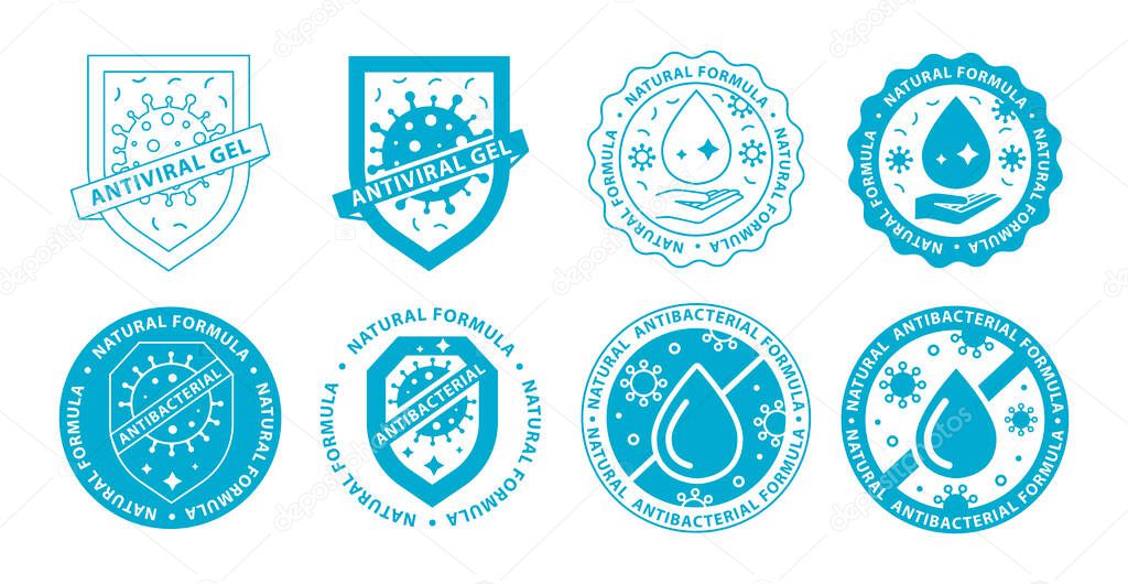 Antibacterial Hand Gel Icon Set. Hygiene and Antiseptic Badge and Logo Collection