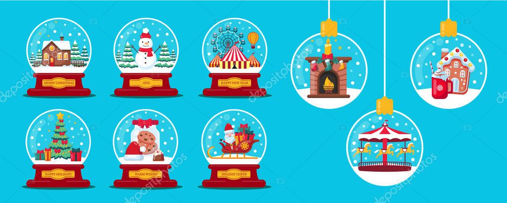 Set of Merry Christmas Snow Globes and Transparent Christmas Balls Elements