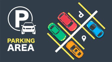 Vektör Posteri. En İyi Görünüm Şehir Biçimli Arabaları olan Otopark Alanı, Renkli Sancak