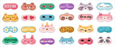 Şirin Uyuyan Maske Vektör Seti. Komik yüzlü Gece Göz Maskeleri ve rahat uyku tasarımları. Yatma Zamanı Clipart Elementi