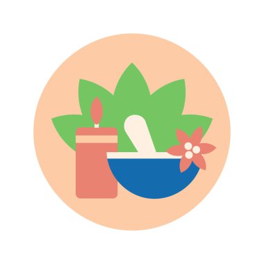 Bowl, Candle and Leaves ile Bitkisel Gevşeme Simgesi. Zihinsel Sağlık Sembolü