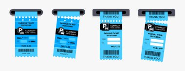 Renkli park bileti seti. Logosu ve mesajı olan park makinelerinden makbuzları yırt. Şehir Otoparkı Faturaları