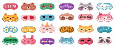 Şirin Uyuyan Maske Vektör Seti. Komik yüzlü Gece Göz Maskeleri ve rahat uyku tasarımları. Yatma Zamanı Clipart Elementleri..