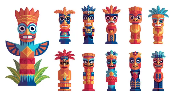 Renkli kabile totem vektörü seti. Hawaii ve Afrika Tahta Heykelleri ve Ayinsel Yüzler çizgi filmi. Etnik Dekoratif İdoller ve Semboller