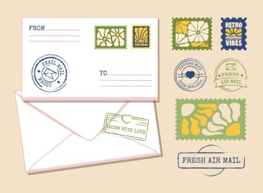 Dekoratif Retro Stamps ve Posta Rozetli Vektör Zarfı. Salyangoz Posta Tasarımı için Posta Sanatı..