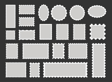 Posta damgaları ayarlandı. Dekoratif kenarlı boş posta pulu demetleri. Albüm, marka ve ambalaj ve daha fazlası için ideal