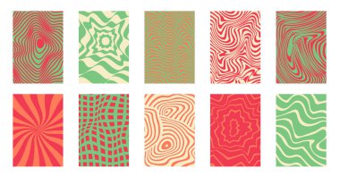 Retro Trippy Poster Arkaplanı. Yeşil ve kırmızı renklerde Sıvı Efekt ve Dalgalı Tasarımlı Metin için Düzenlenebilir Girdap Şablonları, geometrik desenler