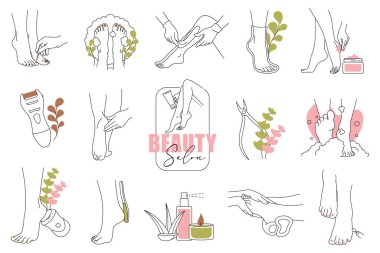 Ayak ve Pedikür Çizgisi Sanat Seti. Güzellik ve Ayak Bakımı Markası için Vektör Logosu Elementleri