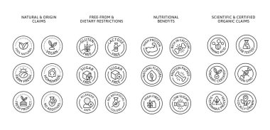 Sağlıklı Besin Simgeleri ve Amblemleri. Sertifikalı Organik Talepler, Paketleme, Markalaşma, Reklam vb. için Çizgi Sanat Rozeti. Bir vektör illüstrasyonunda metin ile düzenlenebilir pullar
