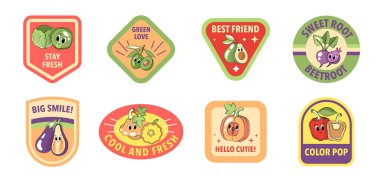 Kawaii Sebze Etiketi Paketi. Çocuklar için Gülen Gıda Karakterleri, Eğlenceli Paketleme Tasarımı