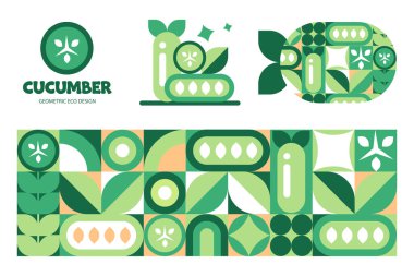 Salatalık, vektör illüstrasyonunda logolu Taze Tertemiz Süsleme