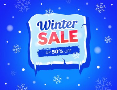 Donmuş buz metni ve indirim yüzdesiyle kış indirimi afişi, modaya uygun mavi soğuk tasarım, vektör illüstrasyonu