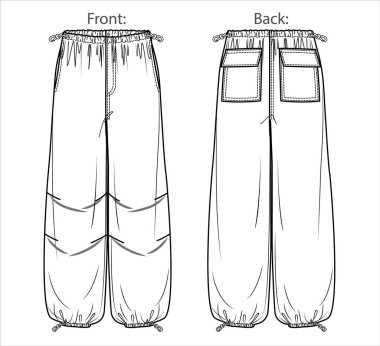 Vektör kadın post koşucusu teknik çizimi, bel ve yan cepli kamu tipi pantolon moda CAD, şablon, taslak, düz. Kadın kargo pantolonu, önü, arkası, beyaz renk.