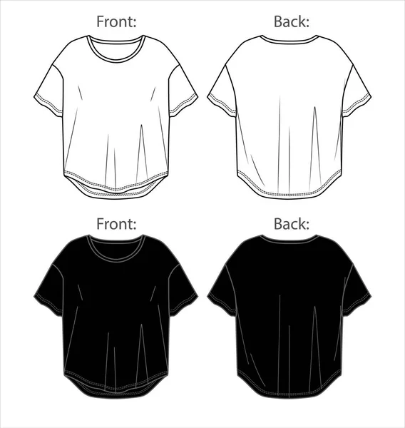 矢量短袖T恤衫时尚Cad 妇女圆领下降肩头技术图纸 泽西或机织面料2件 有正面 白色的T恤 — 图库矢量图片