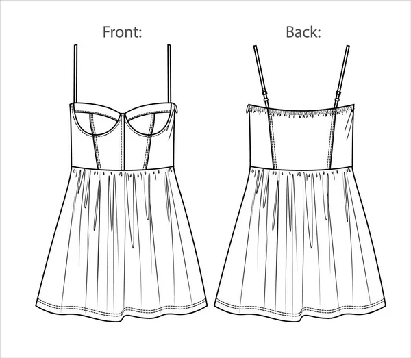 Vector Frau Sommer Korsett Kleid Mode Cad Minikleid Mit Schulterträgern — Stockvektor