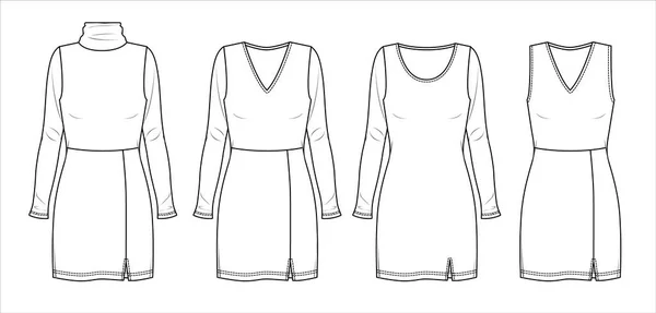 Vector Mini Dress Set Technical Drawing Short Summer Dress Side — Stock Vector