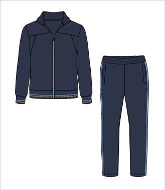 Fermuarlı ve tricot moda CAD 'li vektör adam kazağı, uzun kollu ceket ve eşofman altı teknik çizimi, şablon, çizim, düz. Örtü ya da dokuma kumaş adamlar kazak ve pantolon, donanma rengi.