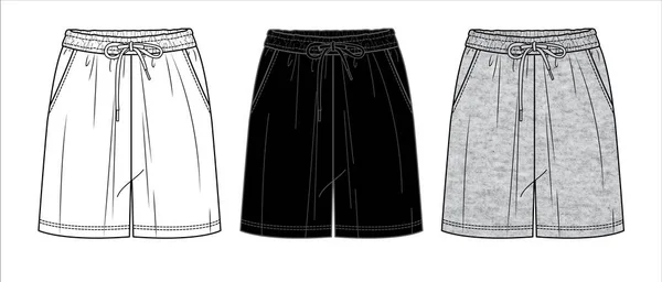 具有侧边口袋技术绘图 平面的女运动裤 泽西或针织面料运动短裤 — 图库矢量图片