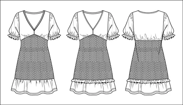 ベクトルショートスリーブミニドレス技術図面 フリル付き女性疲れたドレス スモックディテールCad スケッチ テンプレート フラット ジャージまたは前部 背部眺め 白い色が付いている編まれた生地のドレス — ストックベクタ