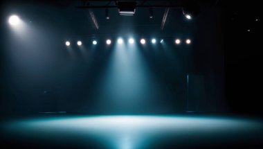 Parlak stadyum ışıkları, duman bombaları, boş karanlık sahne, neon ışıklar, sahne ışıkları beton zemin ve stüdyo odasının iç kısmı dumanla kaplanmış.