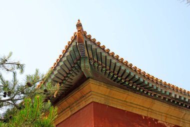 Çin antik mimari çatı manzarası, fotoğrafa yakın çekim. 