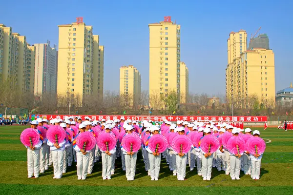 LUANNAN COUNTY - 14 Nisan 2015, Luannan County, Hebei Eyaleti, Chin, Çin atletizm toplantısında grup jimnastik performansı