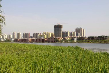 Nehir ve çevresindeki binalar, fotoğrafa yakın çekim.