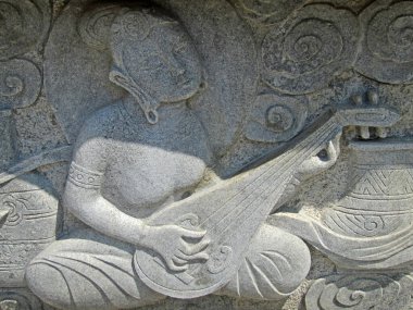 Qingdao City, shandong bölgesi, Chin 'deki bir tapınakta yontulmuş taş işleri.