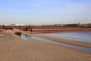 Luannan County - 28 Ekim 2016: işçiler tuz tarlasında işçilik yaptılar, Luannan, Hebei, Chin